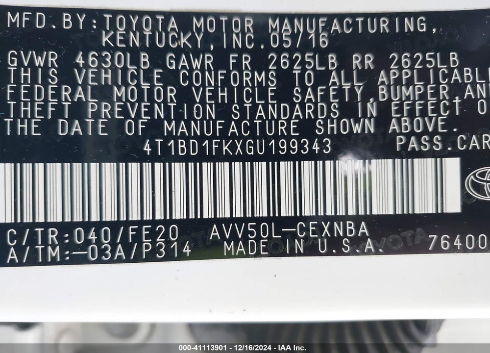 2016 TOYOTA CAMRY HYBRID VIN: 4T1BD1FKXGU199343