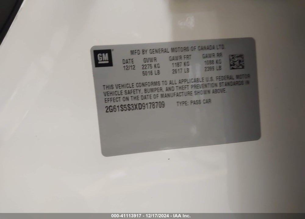 2013 CADILLAC XTS PREMIUM VIN: 2G61S5S3XD9178709
