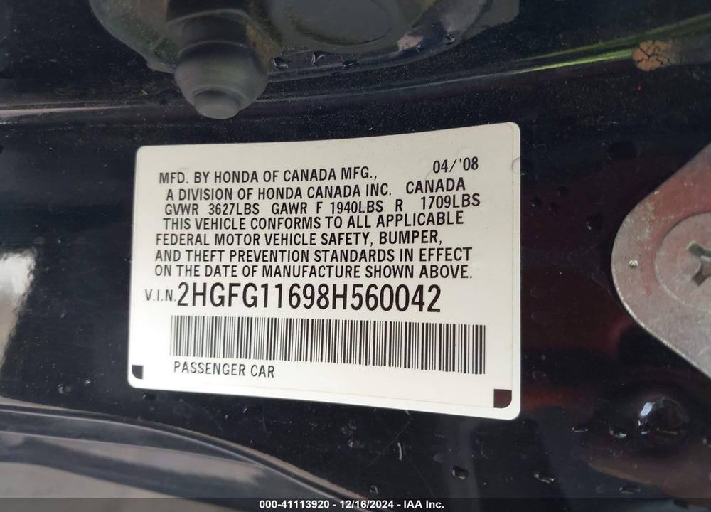 2008 HONDA CIVIC LX VIN: 2HGFG11698H560042