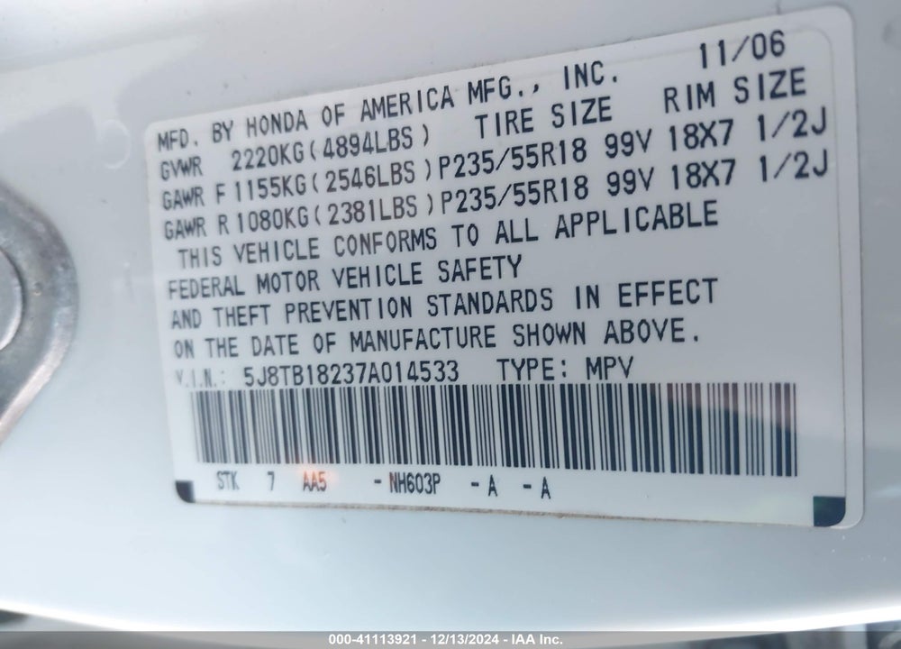 2007 ACURA RDX VIN: 5J8TB18237A014533