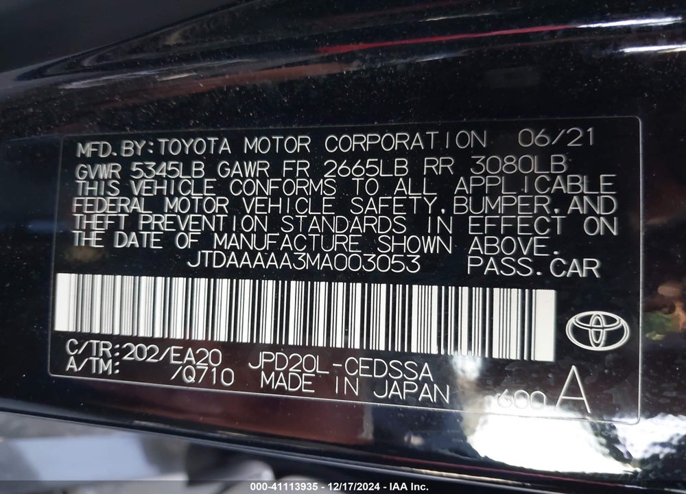 2021 TOYOTA MIRAI XLE VIN: JTDAAAAA3MA003053
