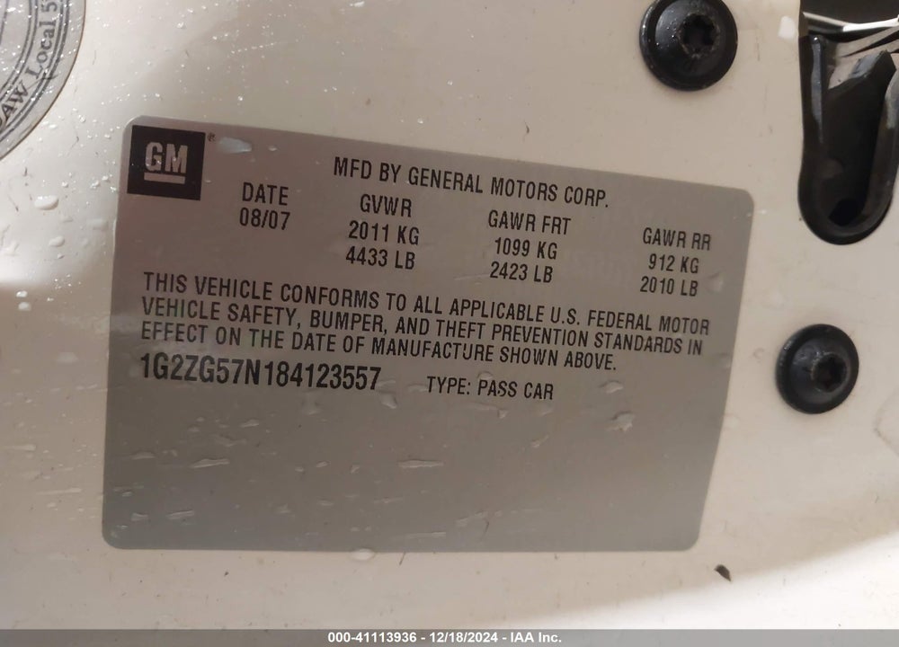 2008 PONTIAC G6 VIN: 1G2ZG57N184123557