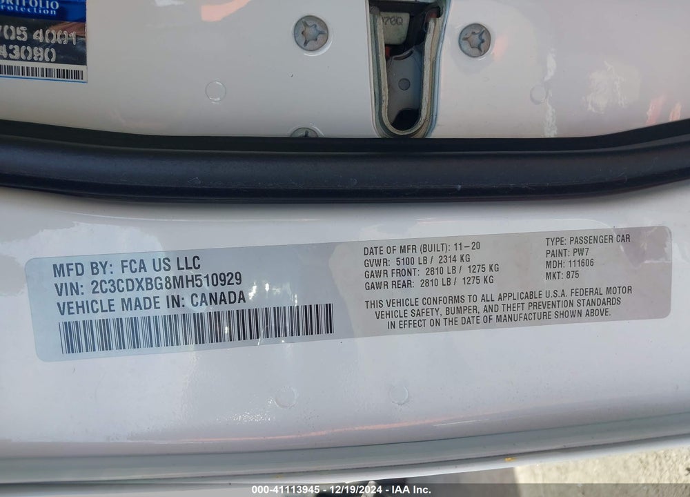 2021 DODGE CHARGER VIN: 2C3CDXBG8MH510929