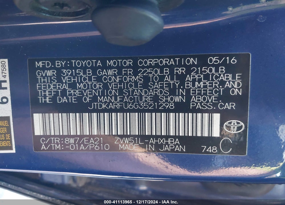 2016 TOYOTA PRIUS VIN: JTDKARFU6G3521298