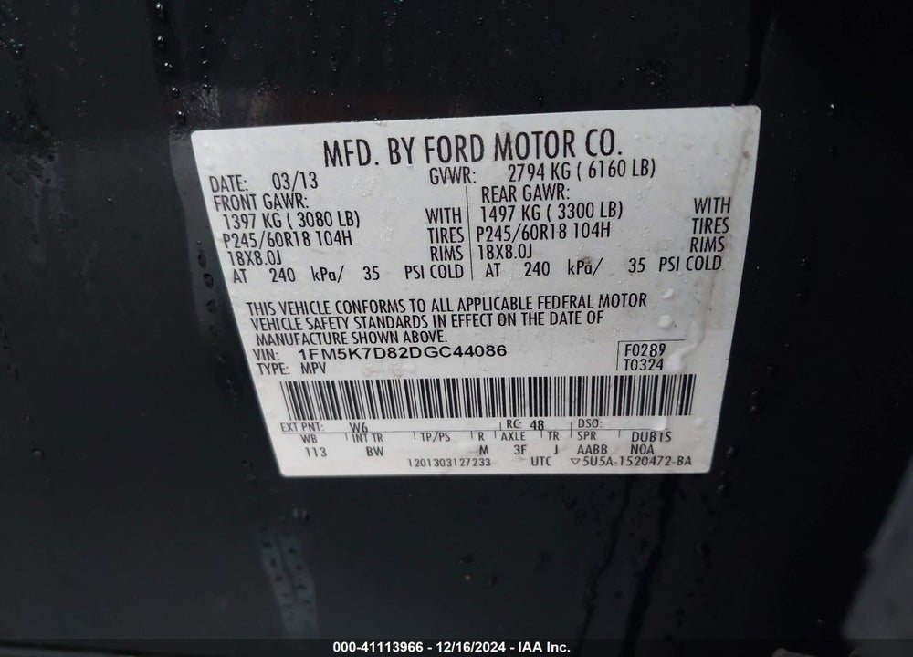 2013 FORD EXPLORER XLT VIN: 1FM5K7D82DGC44086