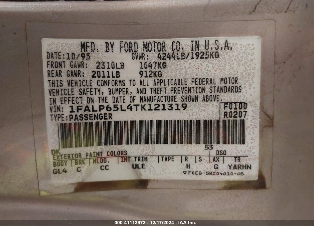 1996 FORD CONTOUR GL/SPORT VIN: 1FALP65L4TK121319