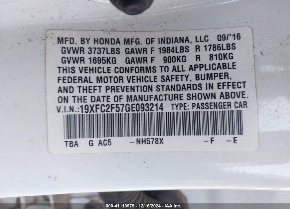 2016 HONDA CIVIC LX VIN: 19XFC2F57GE093214