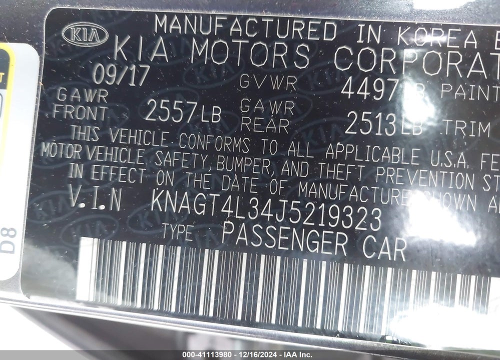 2018 KIA OPTIMA LX VIN: KNAGT4L34J5219323
