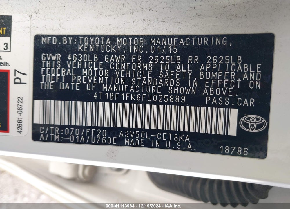 2015 TOYOTA CAMRY VIN: 4T1BF1FK6FU025889
