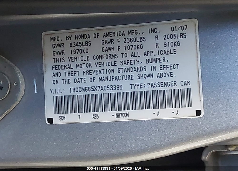 2007 HONDA ACCORD 3.0 EX VIN: 1HGCM665X7A053396