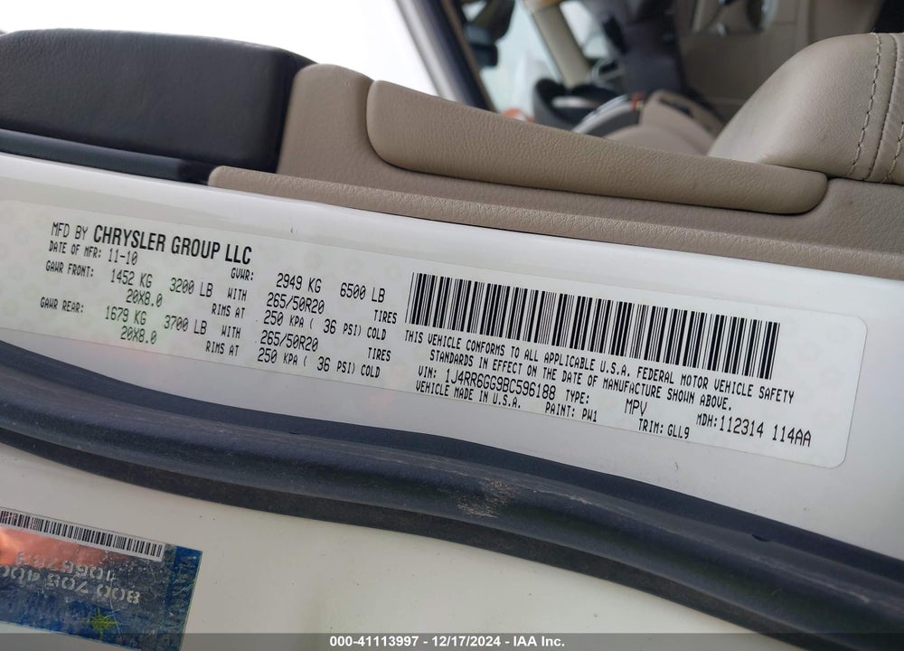 2011 JEEP GRAND CHEROKEE OVERLAND VIN: 1J4RR6GG9BC596188