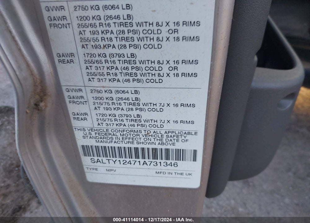 2001 LAND ROVER DISCOVERY SERIES II VIN: SALTY12471A731346