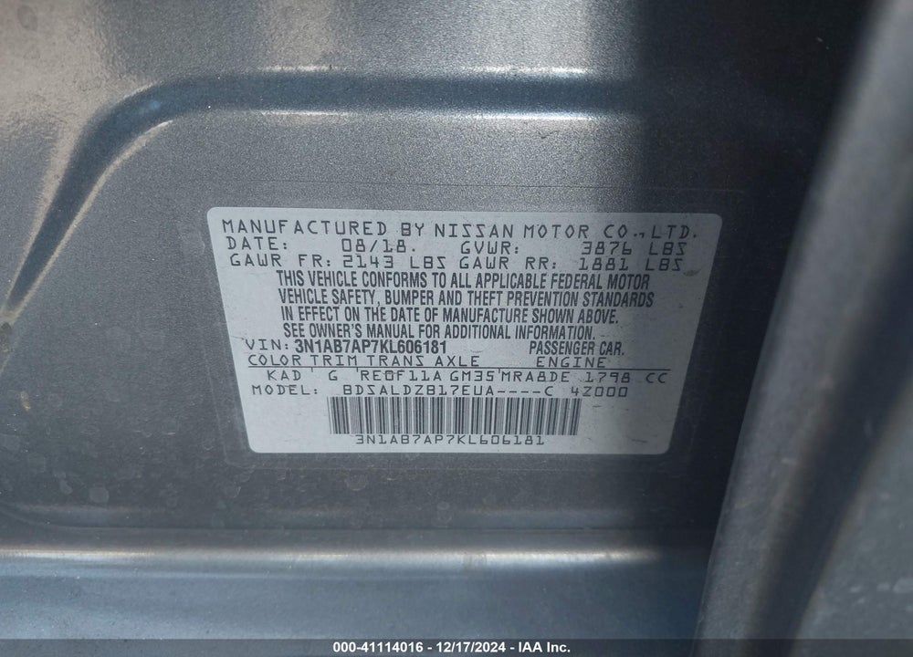2019 NISSAN SENTRA SV VIN: 3N1AB7AP7KL606181