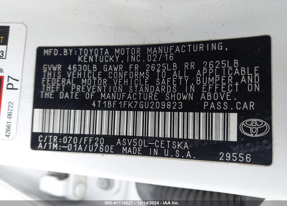 2016 TOYOTA CAMRY SE VIN: 4T1BF1FK7GU209823