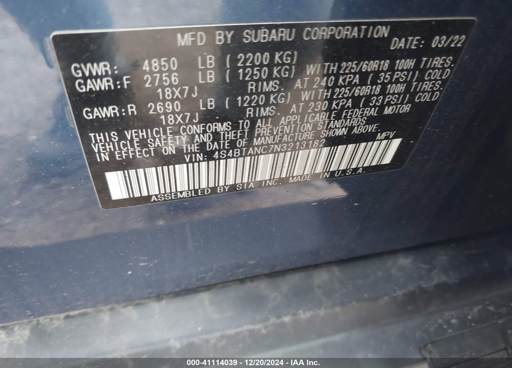 2022 SUBARU OUTBACK LIMITED VIN: 4S4BTANC7N3213182