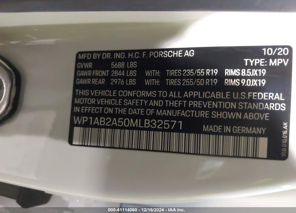 2021 PORSCHE MACAN S VIN: WP1AB2A50MLB32571