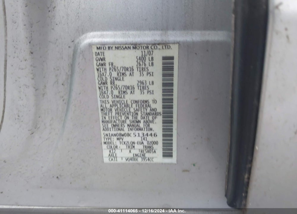 2008 NISSAN XTERRA X VIN: 5N1AN08W08C513446