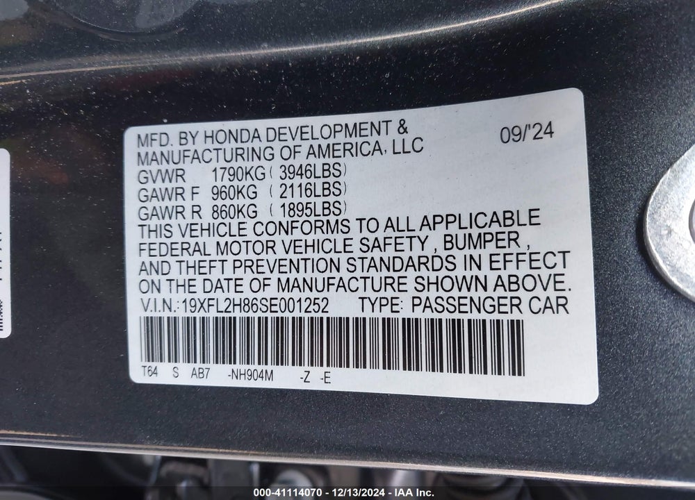2025 HONDA CIVIC VIN: 19XFL2H86SE001252