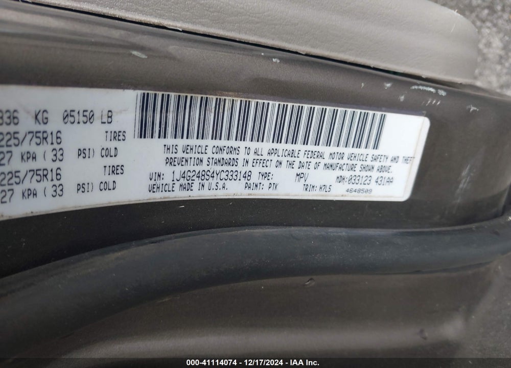 2000 JEEP GRAND CHEROKEE LAREDO VIN: 1J4G248S4YC333148