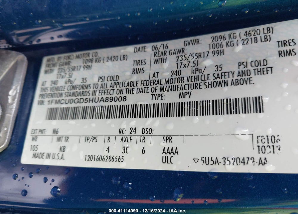 2017 FORD ESCAPE SE VIN: 1FMCU0GD5HUA89008