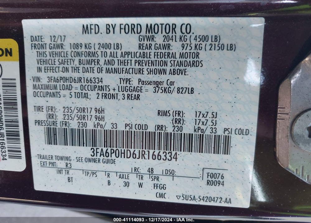 2018 FORD FUSION SE VIN: 3FA6P0HD6JR166334