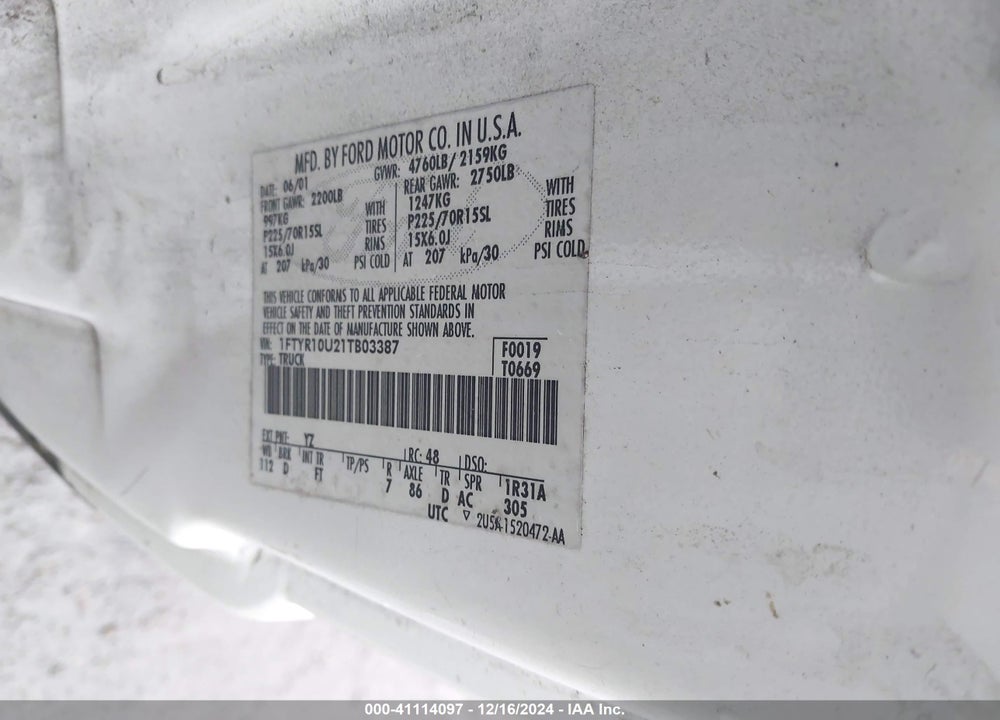 2001 FORD RANGER EDGE/XL/XLT VIN: 1FTYR10U21TB03387