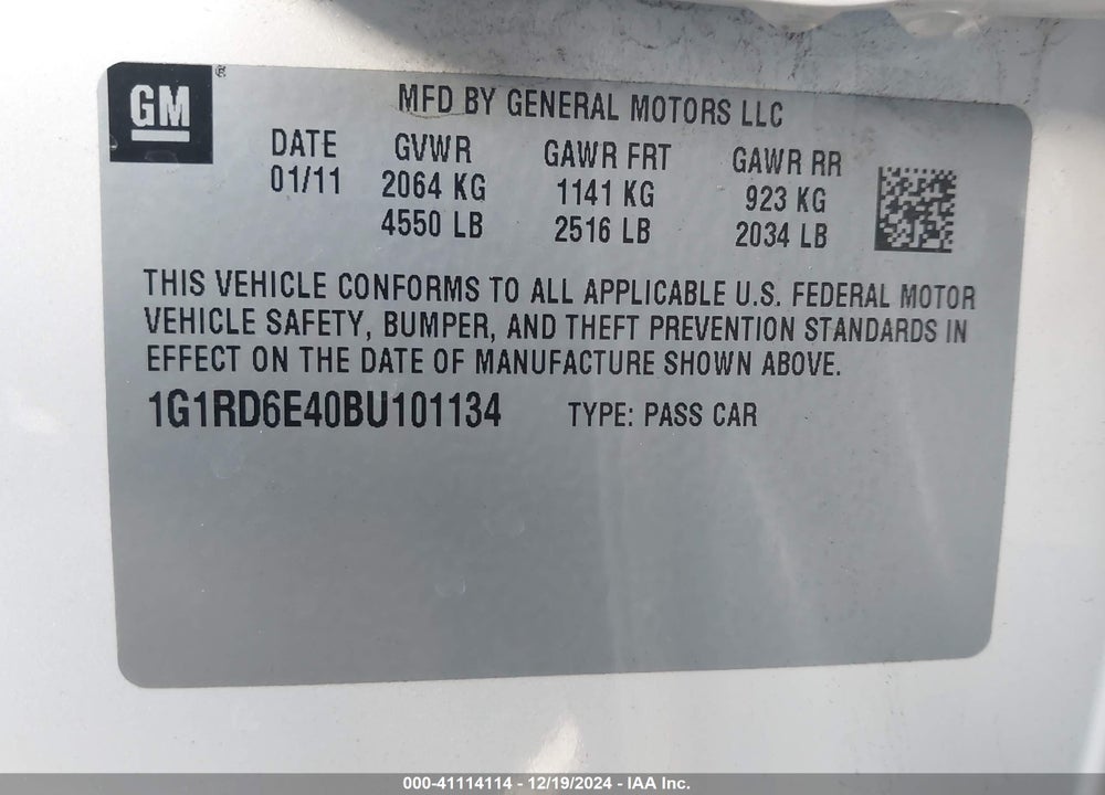 2011 CHEVROLET VOLT VIN: 1G1RD6E40BU101134