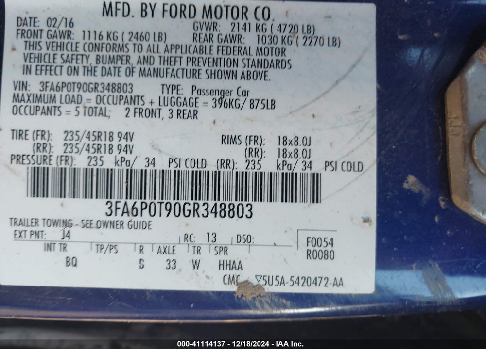 2016 FORD FUSION SE VIN: 3FA6P0T90GR348803