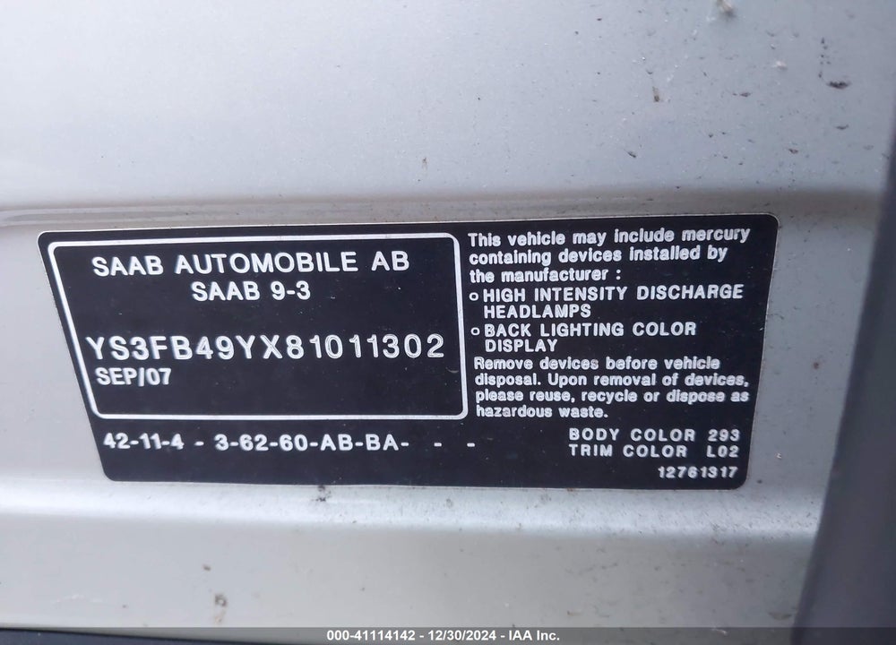 2008 SAAB 9-3 2.0T VIN: YS3FB49YX81011302