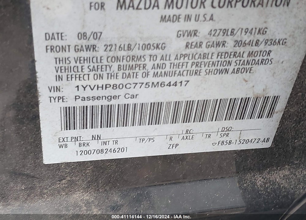 2007 MAZDA 6 I SPORT VE VIN: 1YVHP80C775M64417