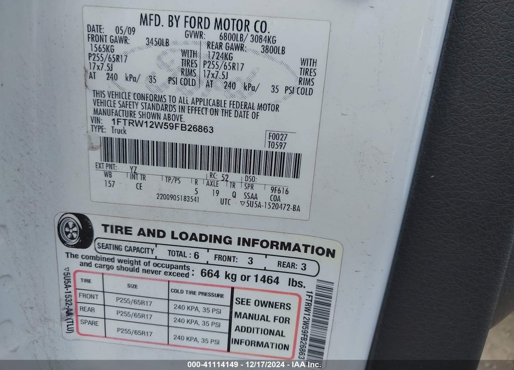2009 FORD F-150 XL/XLT VIN: 1FTRW12W59FB26863