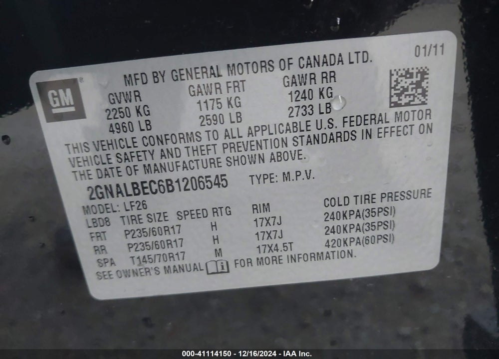 2011 CHEVROLET EQUINOX VIN: 2GNALBEC6B1206545