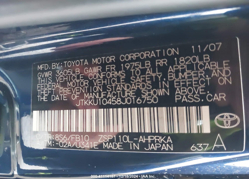 2008 SCION XD VIN: JTKKU10458J016750
