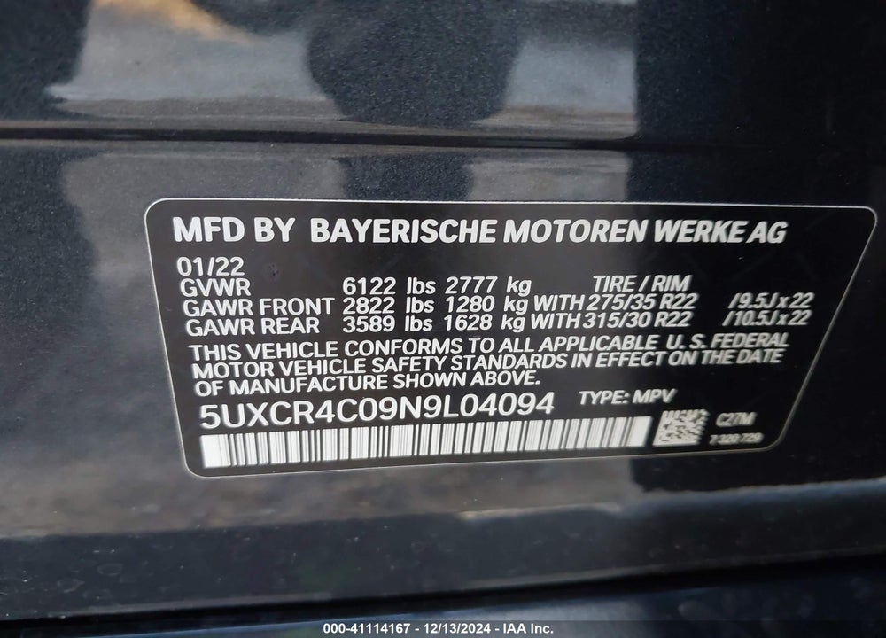 2022 BMW X5 SDRIVE40I VIN: 5UXCR4C09N9L04094