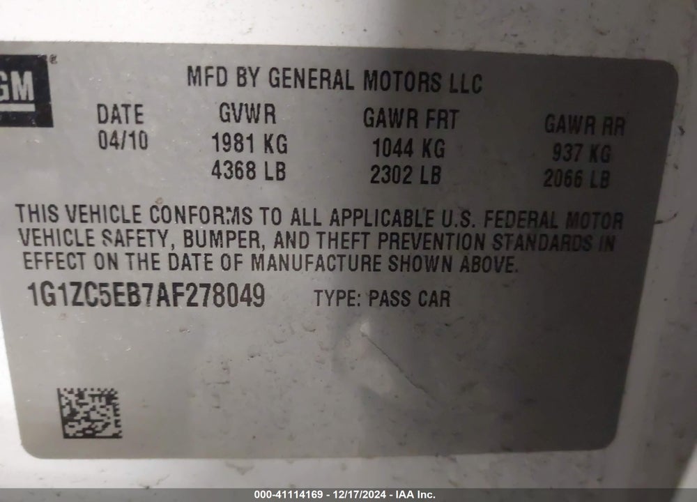 2010 CHEVROLET MALIBU LT VIN: 1G1ZC5EB7AF278049