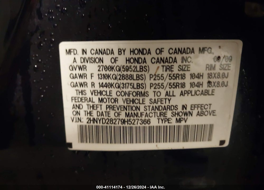 2009 ACURA MDX VIN: 2HNYD28279H527366