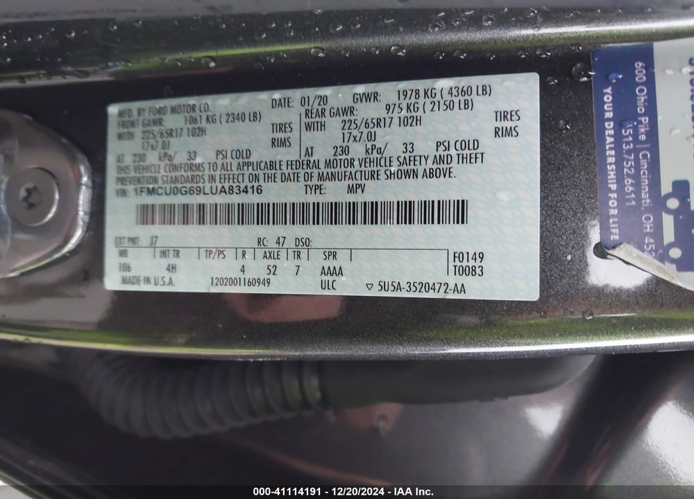 2020 FORD ESCAPE SE VIN: 1FMCU0G69LUA83416