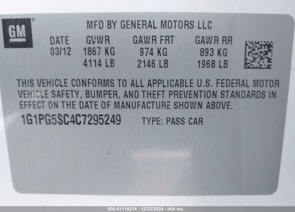 2012 CHEVROLET CRUZE 2LT VIN: 1G1PG5SC4C7295249