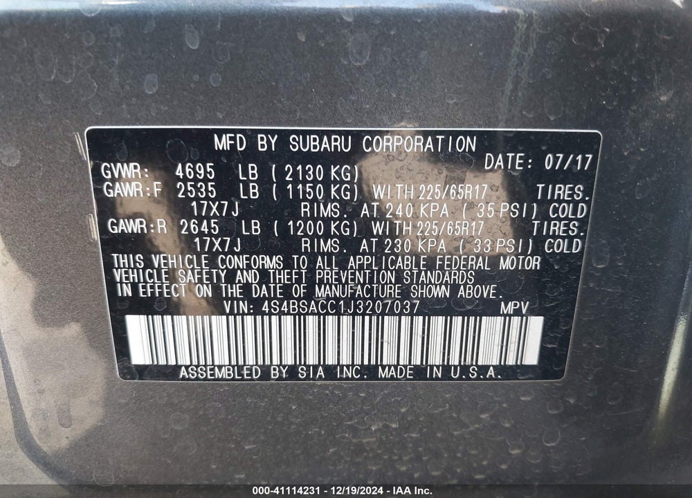 2018 SUBARU OUTBACK 2.5I PREMIUM VIN: 4S4BSACC1J3207037