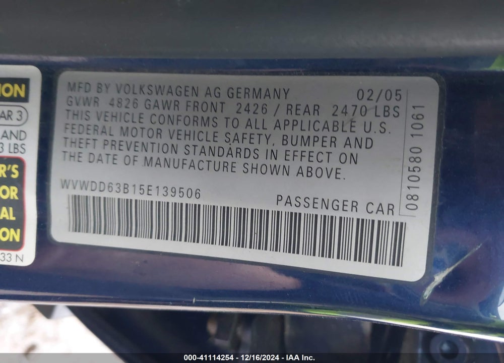 2005 VOLKSWAGEN PASSAT GLS VIN: WVWDD63B15E139506