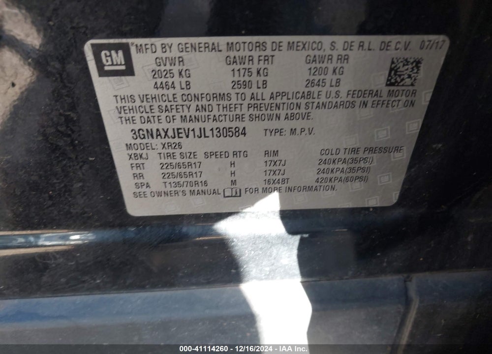 2018 CHEVROLET EQUINOX LT VIN: 3GNAXJEV1JL130584