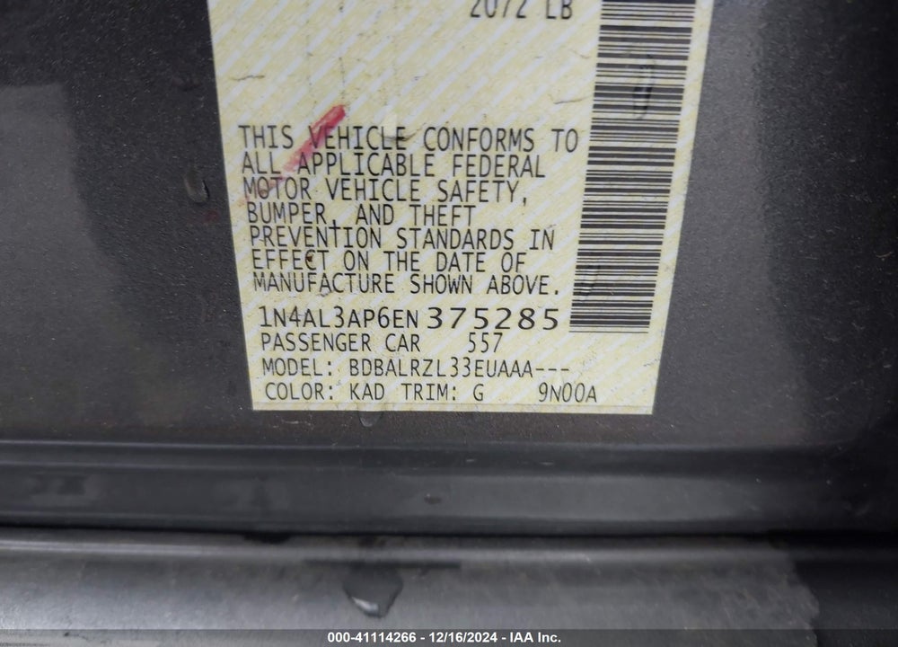 2014 NISSAN ALTIMA VIN: 1N4AL3AP6EN375285