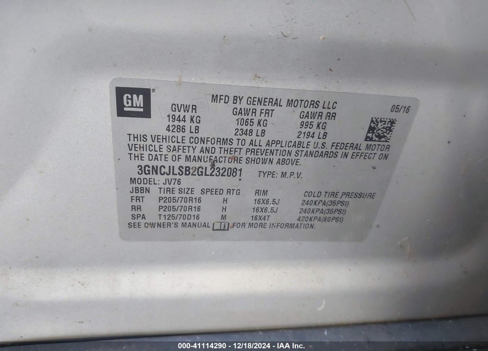 2016 CHEVROLET TRAX LT VIN: 3GNCJLSB2GL232081