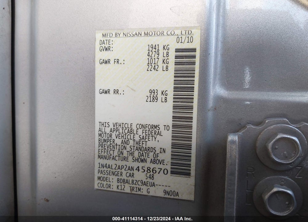 2010 NISSAN ALTIMA 2.5 S VIN: 1N4AL2AP2AN458670