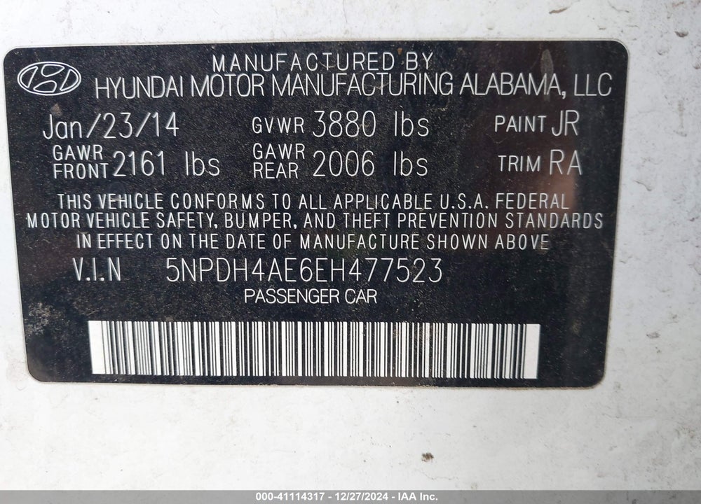 2014 HYUNDAI ELANTRA SE VIN: 5NPDH4AE6EH477523