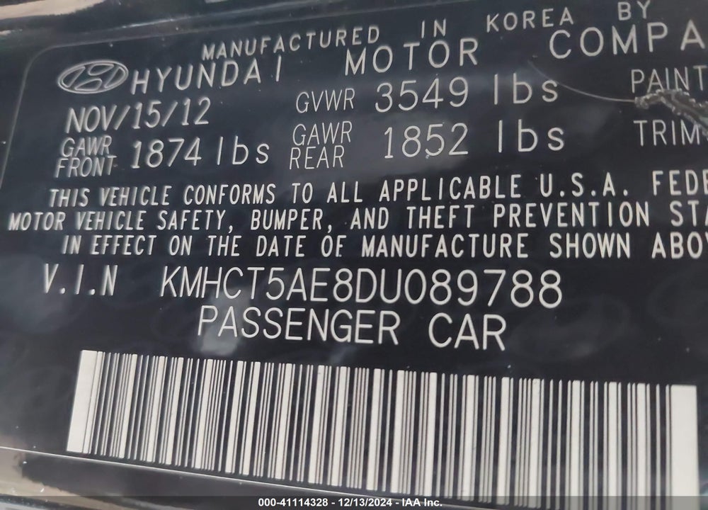 2013 HYUNDAI ACCENT GS VIN: KMHCT5AE8DU089788