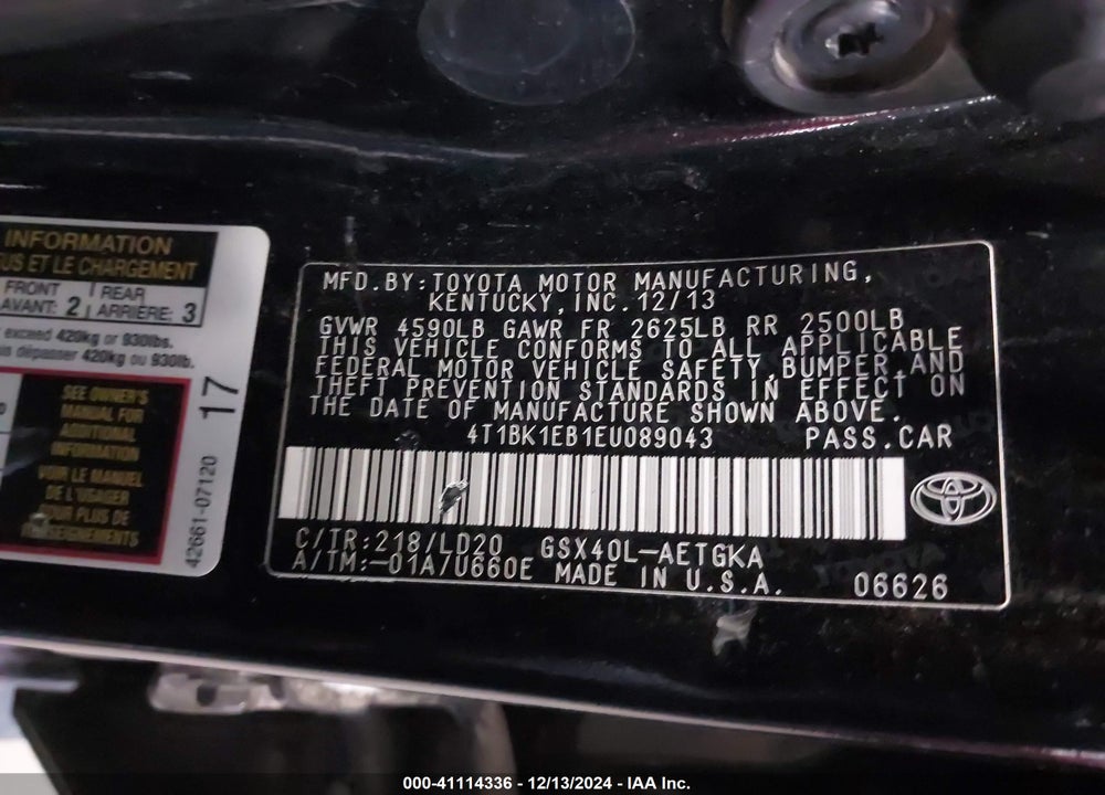 2014 TOYOTA AVALON VIN: 4T1BK1EB1EU089043
