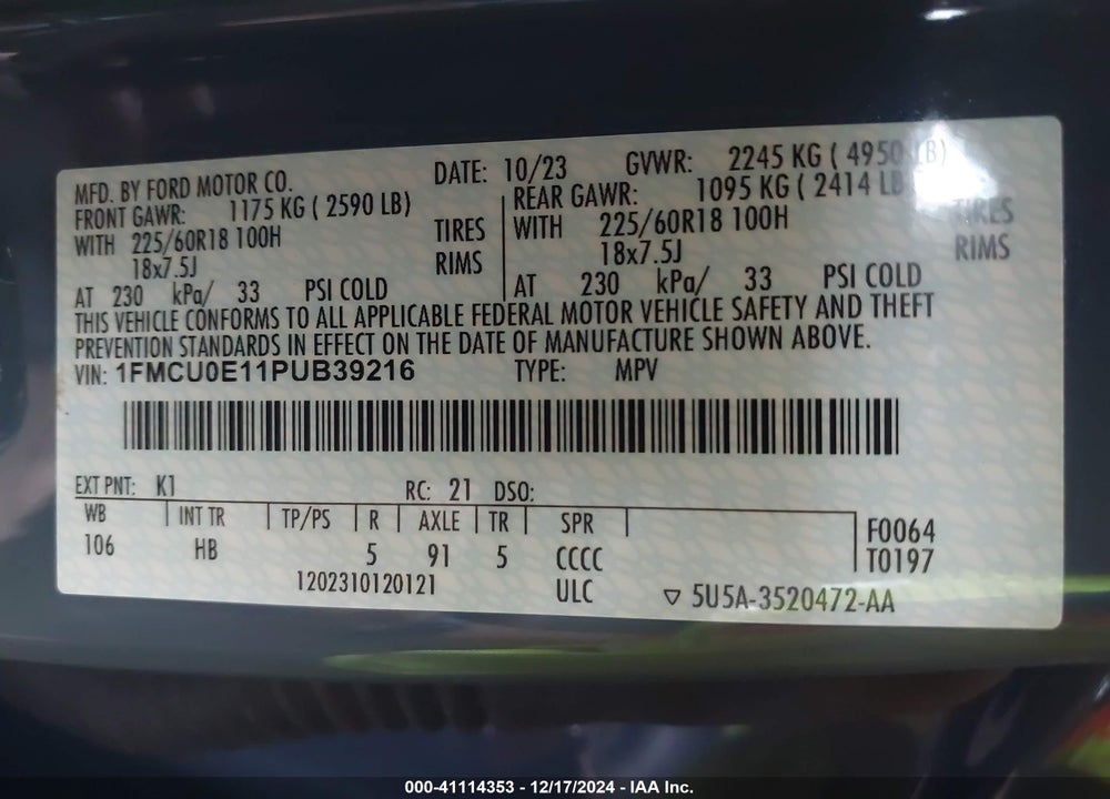 2023 FORD ESCAPE PHEV VIN: 1FMCU0E11PUB39216