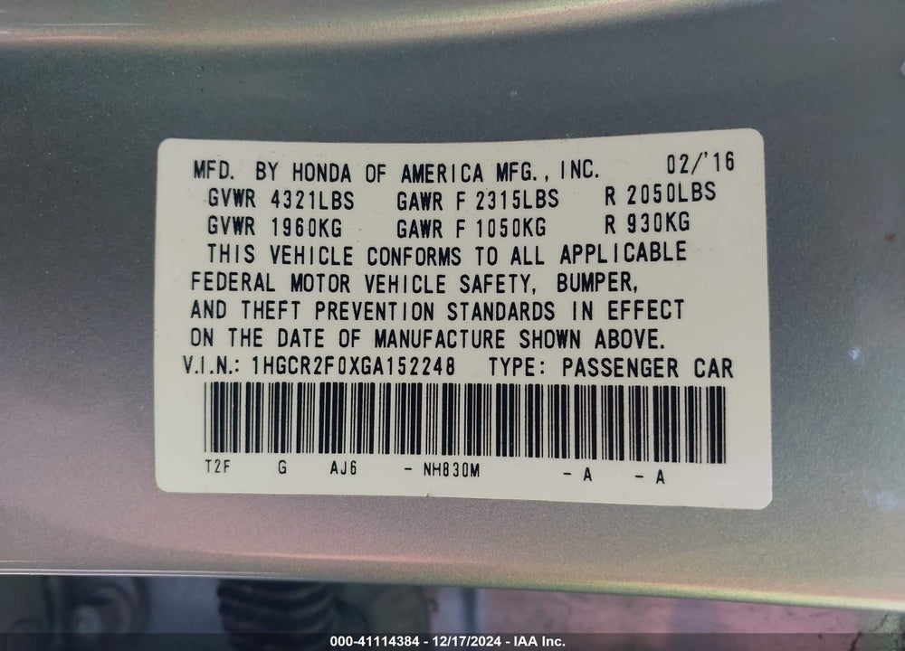 2016 HONDA ACCORD EX VIN: 1HGCR2F0XGA152248
