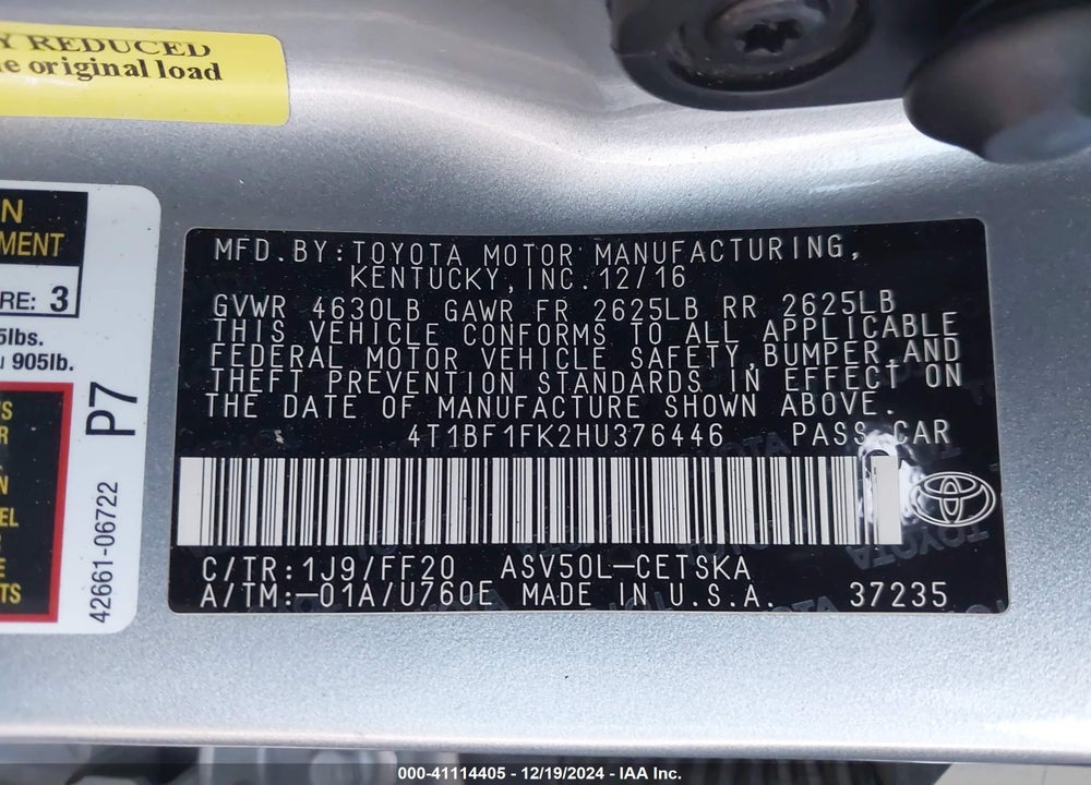 2017 TOYOTA CAMRY VIN: 4T1BF1FK2HU376446